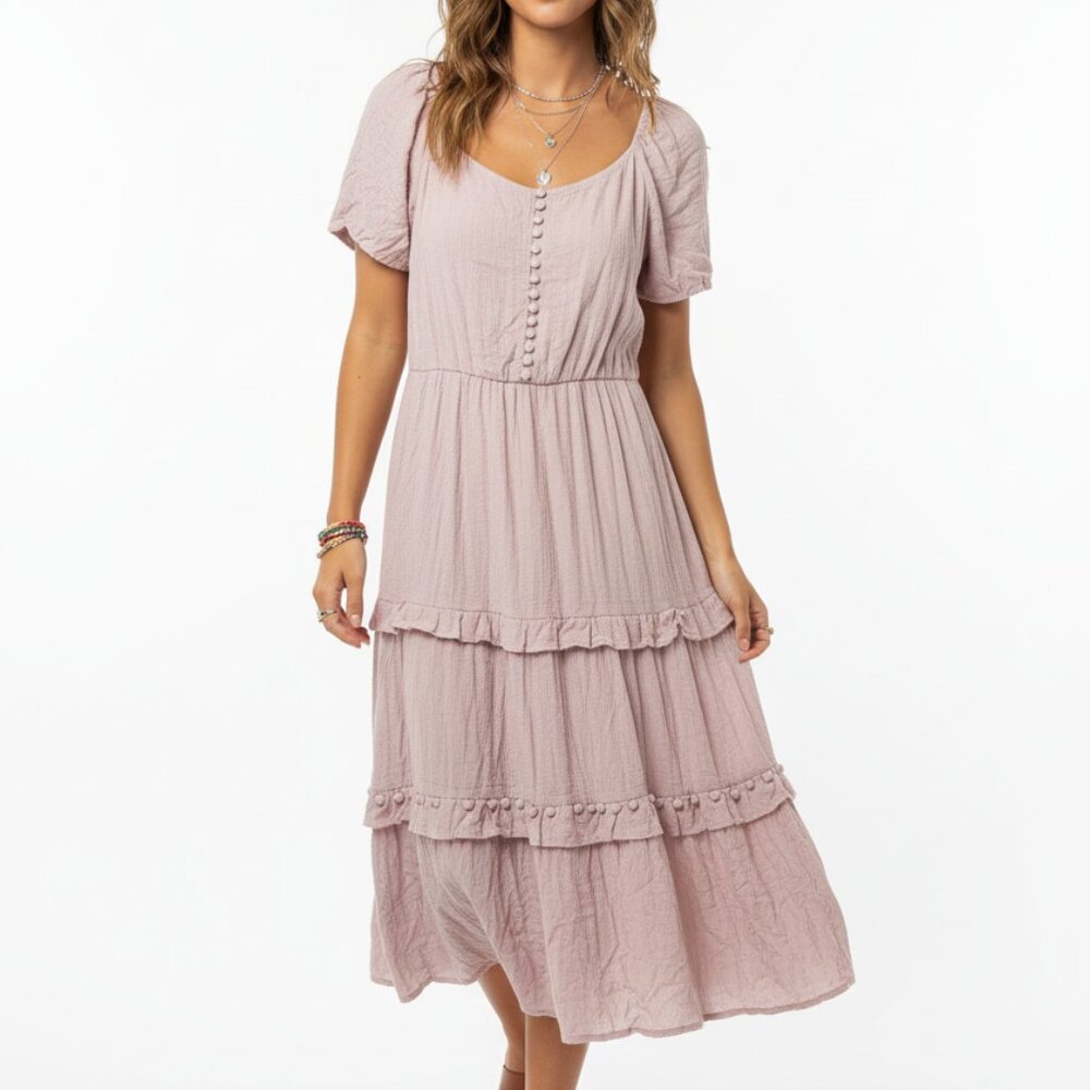 NWT Lush‎ Womens Pink Tiered Short Sleeve Maxi Dress Size Large Boho Pastel Long